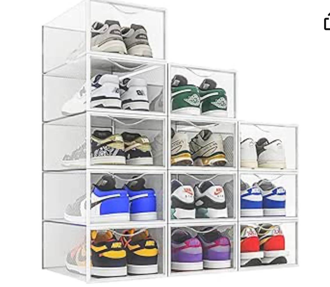 12 Pack Shoe Storage Bins, Clear Plastic Stackable Shoe Organizer for Closet, Space Saving Foldable Shoe Rack, Shoe Box Sneaker Holder Container