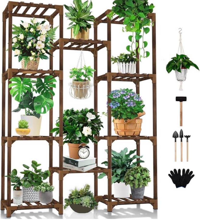 Plant Stand Indoor Outdoor, Uneedem Tall Plant Shelf for Multiple Plants, 10 Tiers 11 Pot Large Plant Rack Wood Plant Holder Plant Shelves for Room Corner Balcony Garden Patio