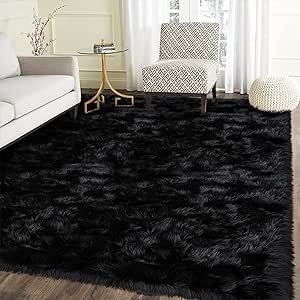 Latepis Shag Rug 6x9, Faux Fur Sheepskin Rug for Living Room, Fluffy Washable Rug for Bedroom, Nursery, Luxury Room Decor, Black Fuzzy Rug, Rectangle