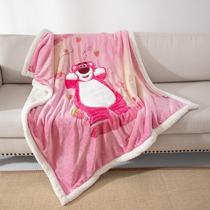 COSUSKET Kids Lotso Throw Blanket, 3D Bear Embroidery Sherpa Blanket Girls Gifts