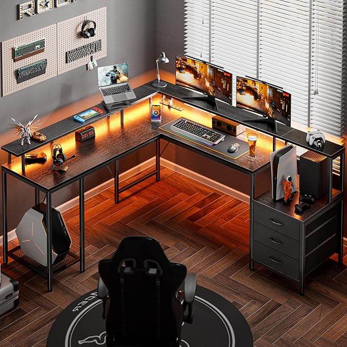 L-Shaped RGB LED Gaming Desk with Carbon Fiber Surface - 80 Inch Home Office Computer Table