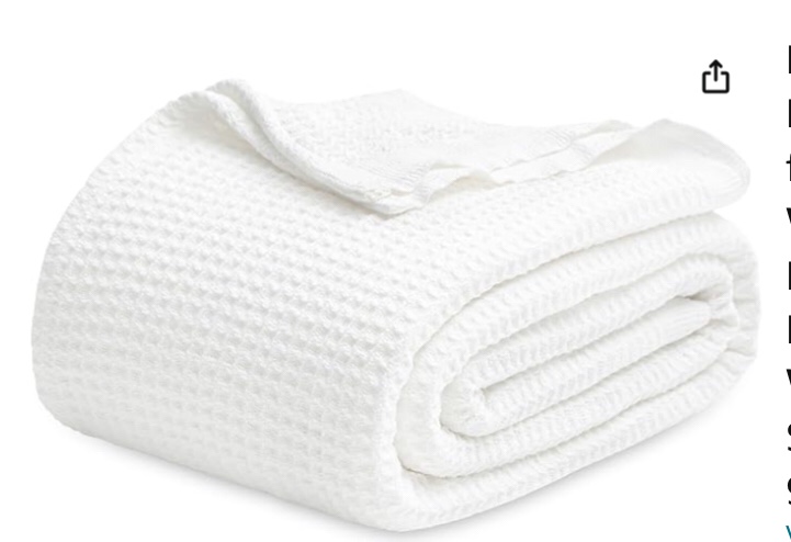 Bedsure 100% Cotton Blankets Queen Size for Bed - Waffle Weave Blankets for Summer, Lightweight and Breathable Soft Woven Blankets for Spring, White, 104x90 Inches