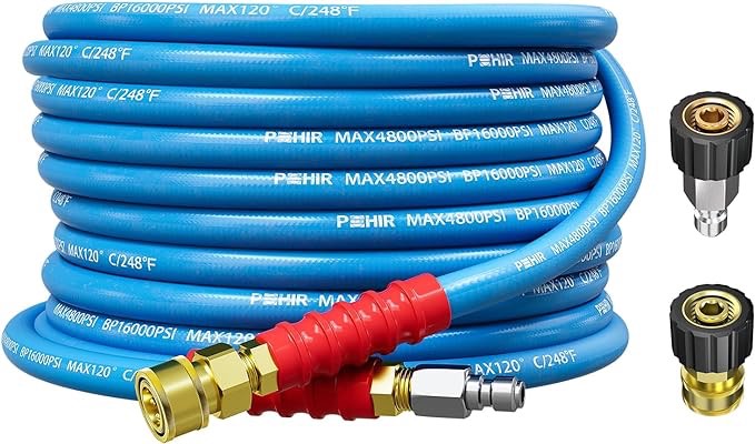 POHIR 100ft Pressure Washer Hose 3/8" 4800 PSI, Kink Resistant Industrial Grade Hose with Quick Connect Ends and Adapters for Hot & Cold Water up to 248°F, Steel Wire Braided Hose for Power Washing 3/8 100FT Blue