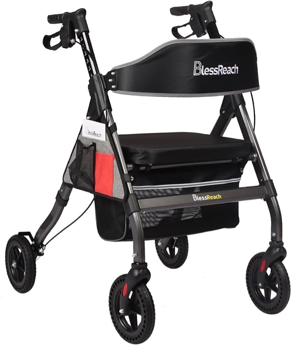 BlessReach Heavy Duty Rollator Walker - Aluminum Rolling Walker for Seniors and Adults with Large Seat, Support Up 450 lbs (Grey)