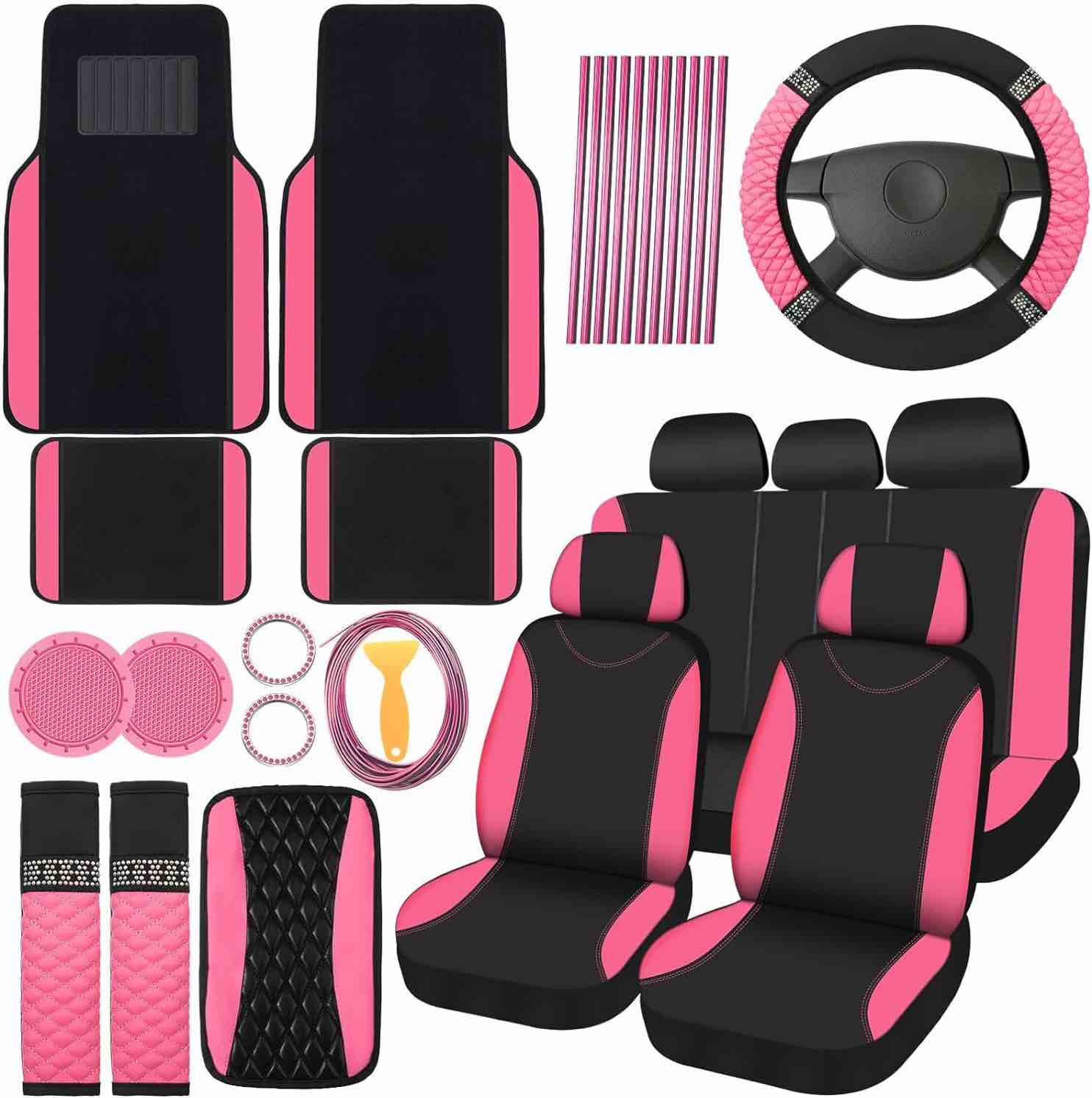 43 Pcs Bling Car Accessories Set for Women Front Seats and Rear Bench Polyester Car Seat Protectors Steering Wheel Cover Seat Car Floor Mats Full Crystal Automotive Interior Decor (Pink and Black)