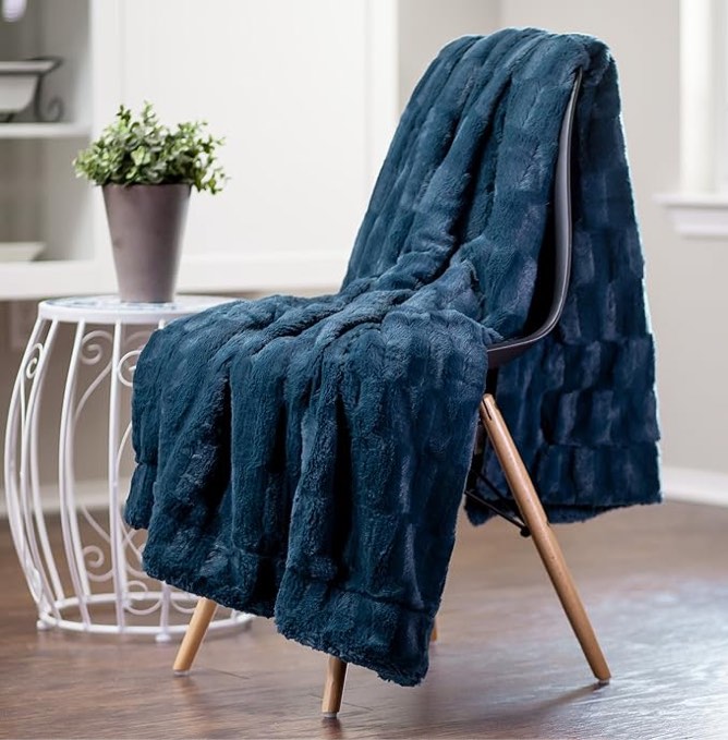 Chanasya Ruched Faux Fur Throw Blanket - Luxurious, Soft Reversible Mink Blanket - 50" x 65” - Gray