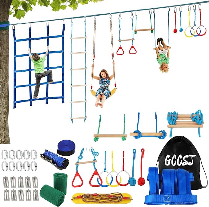 65FT Ninja Warrior Obstacle Course for Kids with 12 Obstacle Course Accessories-Swings, Monkey Bars, Arm Trainers and More, Suitable for Boys and Girls Over 3 Years Old-440 lbs Weight Capacit