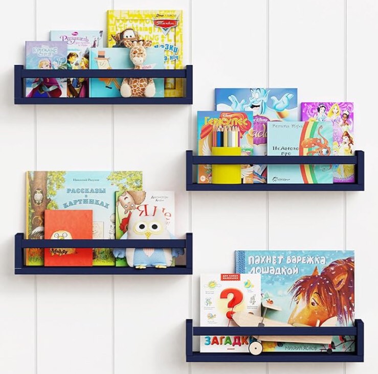 Forbena Navy Blue Floating Book Shelves for Nursery Boy, Decorative Wall Bookshelf for Kids Room, Small Wood Floating Shelves Wall Mounted for Boys Bedroom Bathroom (Set of 4, Blue)