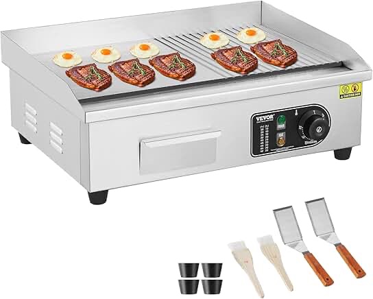 VEVOR Commercial Electric Griddle, 22", 1600W Countertop Flat Top Grill, Stainless Steel Teppanyaki Grill w/Non Stick Iron Cooking Plate, 122-572? Adjustable Temp Control 2 Shovels & Brushes, 110V