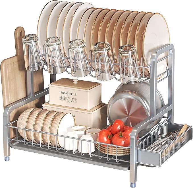 BOOSINY 2 Tier Dish Drying Rack and Drainboard Set, Large Stainless Steel Dish Drainers for Kitchen Counter, Dish Strainer Shelf with Cup-Holder ??êGrey??ë