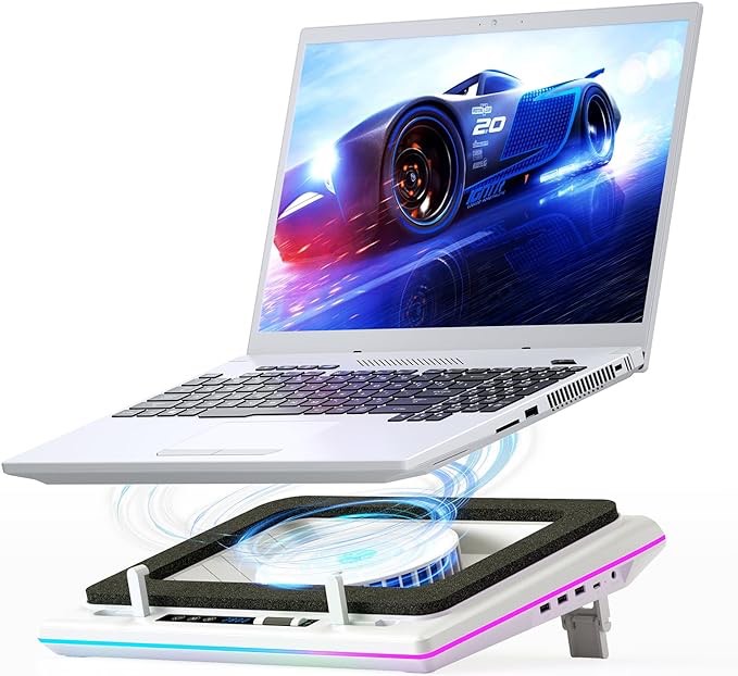 2023 New Gaming Laptop Cooling Pad with Powerful Turbofan, RGB Laptop Cooler Radiator with Infinitely Variable Speed, Touch Control, LCD Screen, 3-Port USB, Seal Foam for Rapid Cooling Laptop 15-19in V12(Hub+RGB)