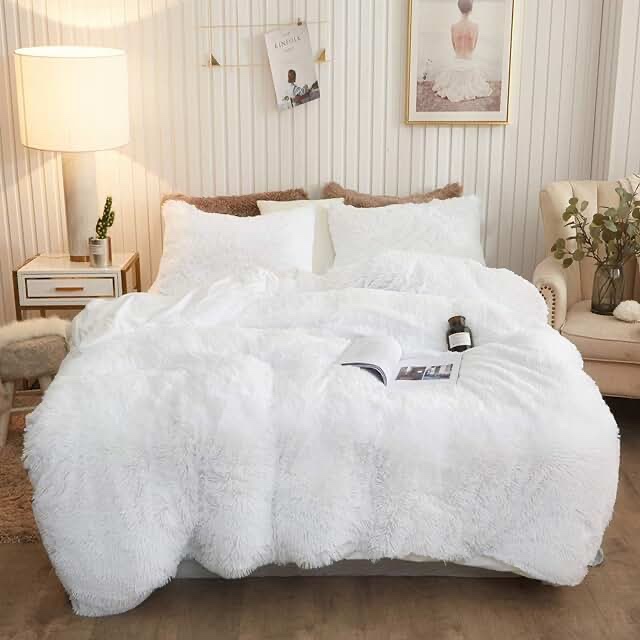 EMME Luxury White Fuzzy Duvet Cover Set King Size Fluffy Comforter Cover Set for King Bed Shaggy and Plush Soft Bedding Duvet Covers (White, King)