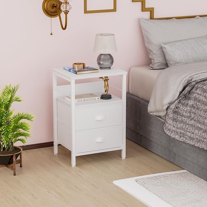 Furologee Nightstand with 2 Fabric Drawers, White Beside Table, End Table with 2-Tier Shelf, Side Table with Hooks and Wood Top for Bedroom/Living Room/Hallway/White