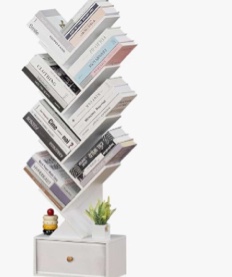 SHEEPAM 8 Tier Tree Bookshelf with Drawer, Free Standing Wood Bookcase for Living Room, Bedroom, Home Office, Space Saving Storage Organizer Bookshelves for Books, CDs, Vinyl Records- White