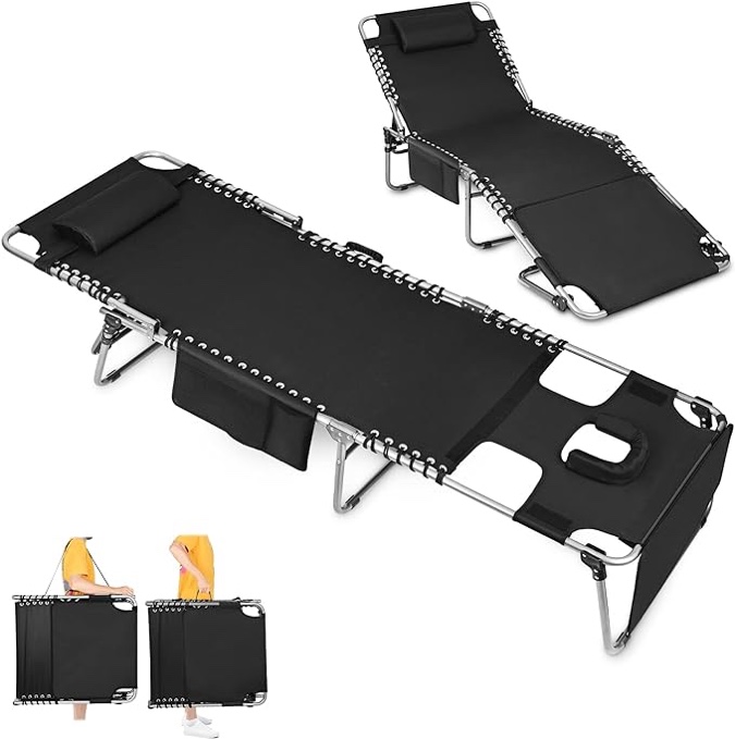 Heavy Duty Tanning Chair with Face Hole Adjustable 5-Position Folding Chaise Lounge Chairs for Outside Portable Lay Flat Beach Lounge Chair for Outdoor Sunbathing Patio Pool Lawn Camping Deck Poolside