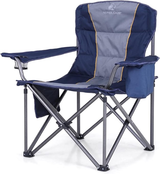 ALPHA CAMP Oversized Camping Folding Chair Heavy Duty with Cooler Bag Support 450 LBS Steel Frame Collapsible Padded Arm Quad Lumbar Back Chair Portable for Lawn Outdoor,Blue