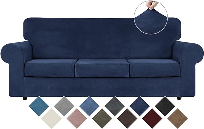 WEERRW 4 Pieces Velvet High Stretch Couch Covers for 3 Cushion Couch Sofa Slipcovers, Washable Furniture Protector with Non Slip Elastic Bottom, Feature Soft and Thick Plush Fabric, Navy Blue, Large