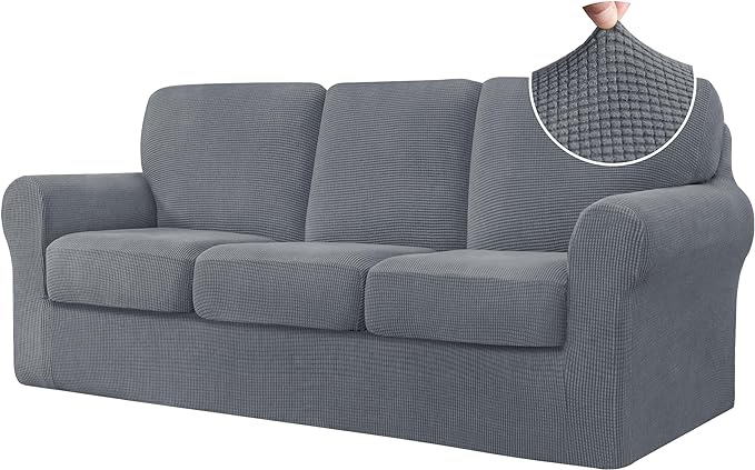 CHUN YI 7 Piece Couch Cover, Stretch Sofa Covers for 3 Cushion Couch Covers, 3 Seater Couch Slipcover with 3 Separate Backrest Cushion Covers with Elastic Band, Spandex Fabric(Large, Light Gray)