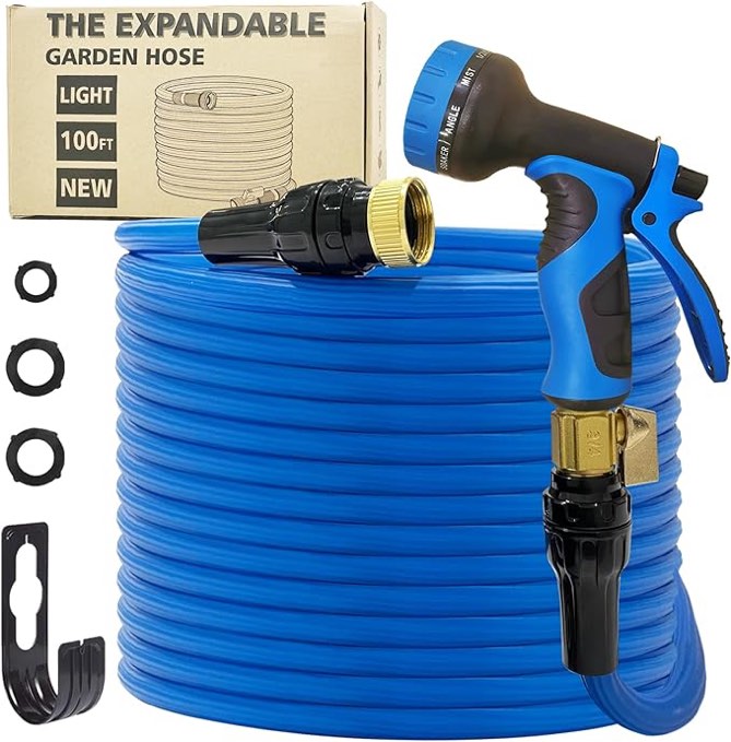 Garden Hose 100Ft Expandable Water Hoses Retractable Rubber Hose Pipe Lightweight Yard Long Hose Collapsible Outdoor Hose magic Watering hose with 3/4 inch Solid Brass Fittings for Lawn and Garden blue