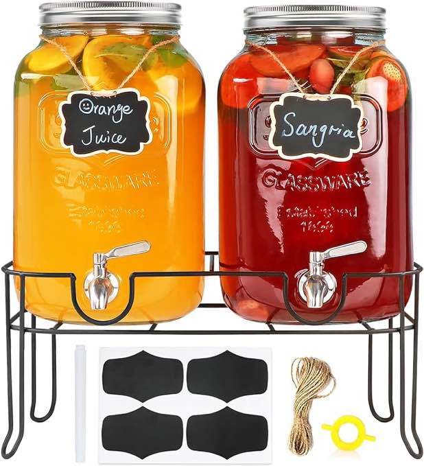 1-Gallon Drink Dispenser,Accguan Glass Water Dispenser with Black Tin Lid and Black Stainless steel faucet,Black Iron Frame,Mason Drink Dispenser for Parties, Picnics, Barbecues and Daily,2 pack
