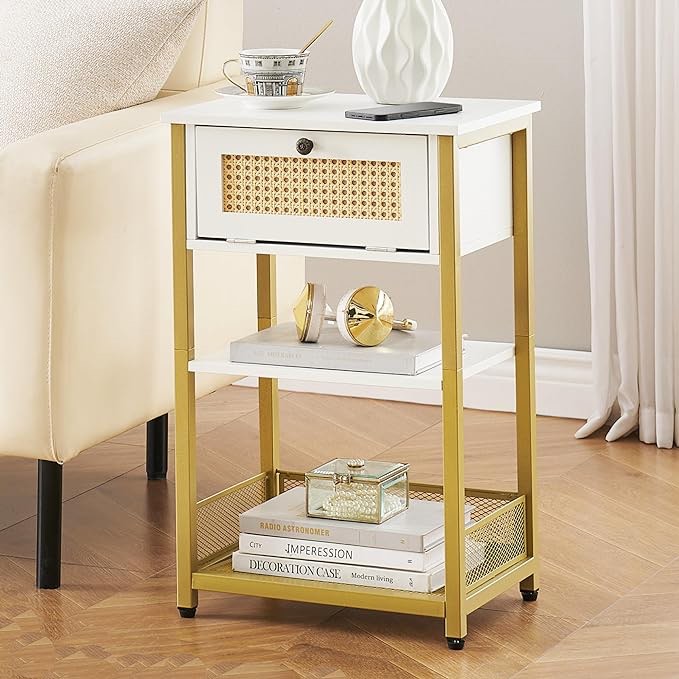Nightstand with Charging Station, End Side Tables with USB Ports & Outlets, Slim Bedside Table with Drawers and 2-Tier Storage Shelf, for Bedroom, Living Room, Foyer (1, White & Gold)