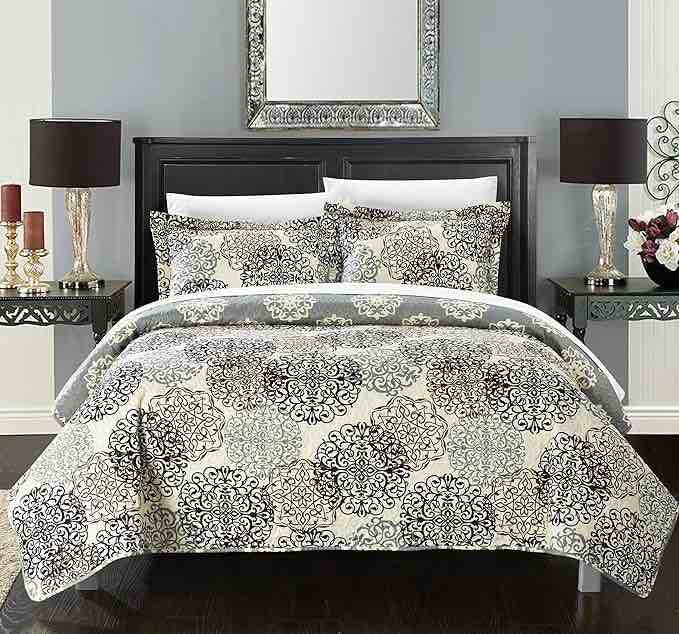 Chic Home 3 Piece Kelsie Boho Inspired Reversible Print Quilt Set, King, Beige