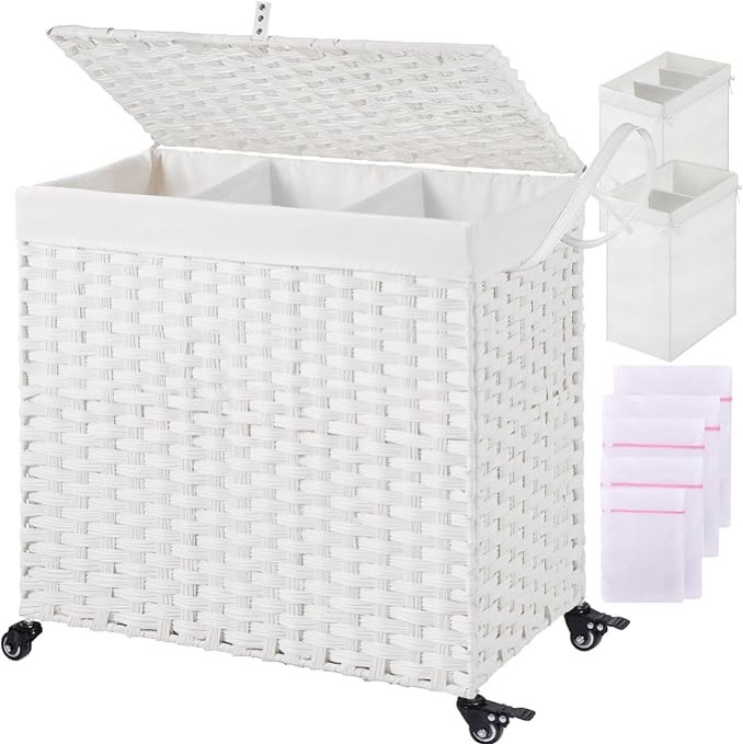 Greenstell Laundry Hamper with Lid, 125L Large Clothes Hamper with 3-Section and 2-Section Removable Liner Bags & 5 Mesh Laundry Bags, Handwoven Synthetic Rattan Divided Laundry Basket, White
