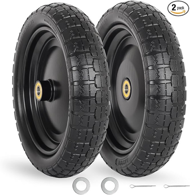 13" Flat-free Solid Tire and Wheel, with 5/8" Axle Bore Hole, 2.2" Offset Hub, Compatible with Wheelbarrow Garden Wagon Trolley Dolly, 2 Pack