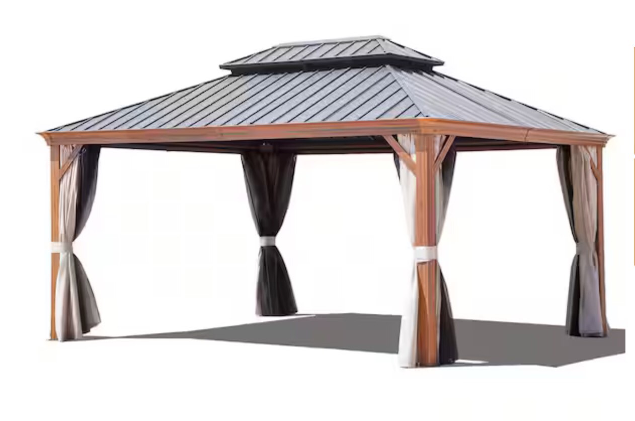 12 ft. x 16 ft. Heat Transfer Gazebo with Double Galvanized Steel Roof, Ceiling Hook, Mosquito Netting and Curtains (Incomplete, Box 2/6, 4/6, 5/6, 6/6 and wood posts only)