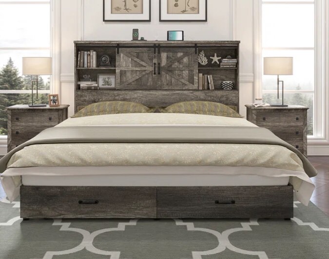 Rustic Gray Ashil Wooden Platform Bed Frame with Sliding Barn Door Bookcase Headboard (Incomplete, Box 1/2 Only)
