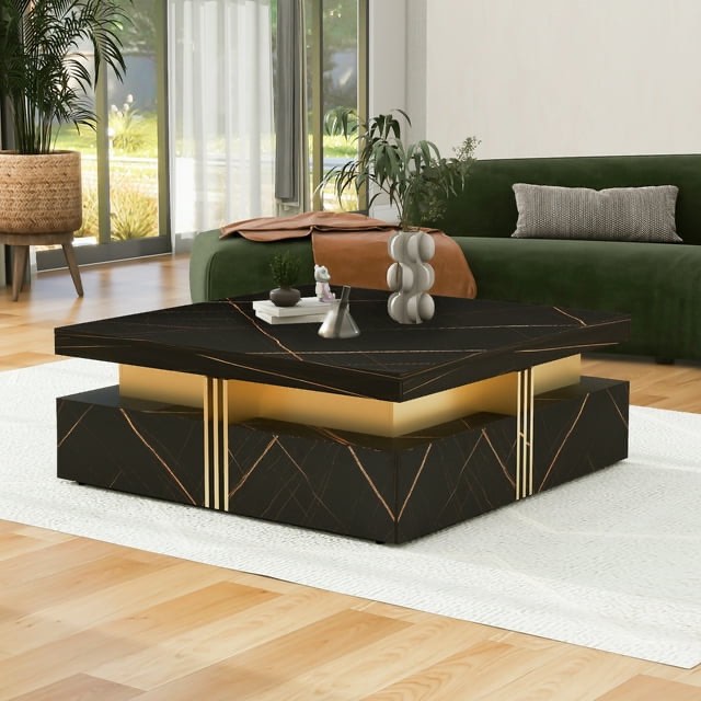 ETEPON Modern Black Square Storage Coffee Table With 4 Drawers