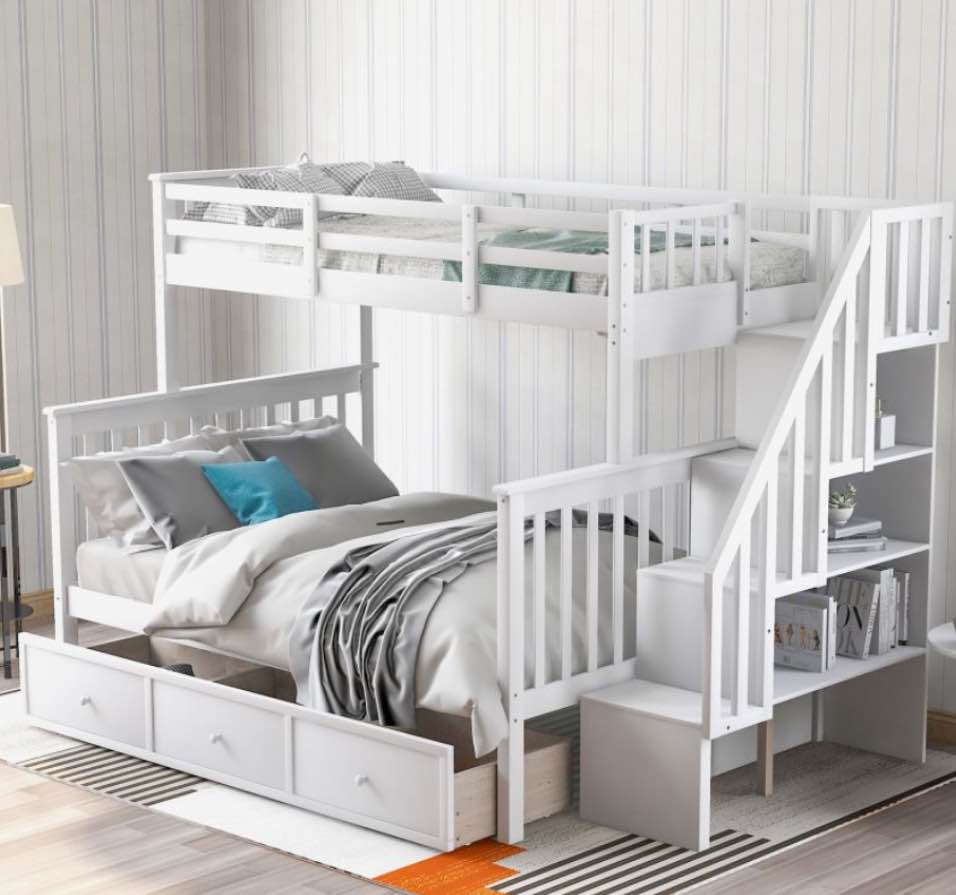 Stairway Twin-Over-Full Bunk Bed w/ Drawer, Storage, White(incomplete box 3/3)