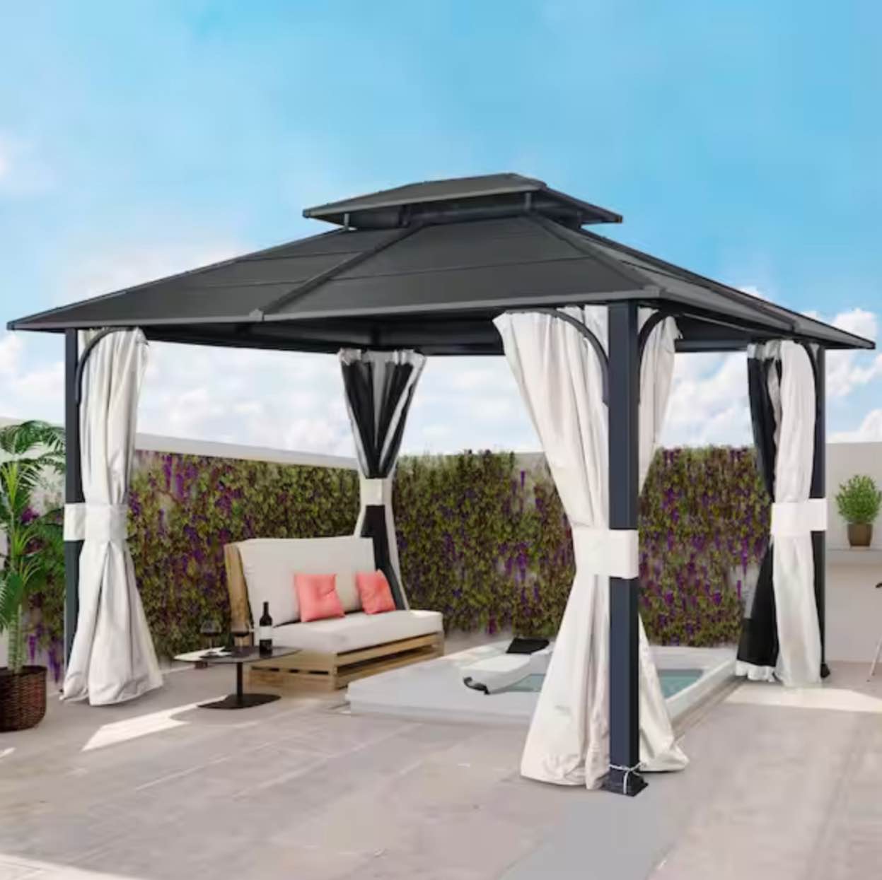 EAGLE PEAK 14 ft. x 12 ft. Black Outdoor Permanent Double Roof Hardtop Gazebo with Mosquito Mesh Netting and Privacy Curtains(incomplete box 1/4)
