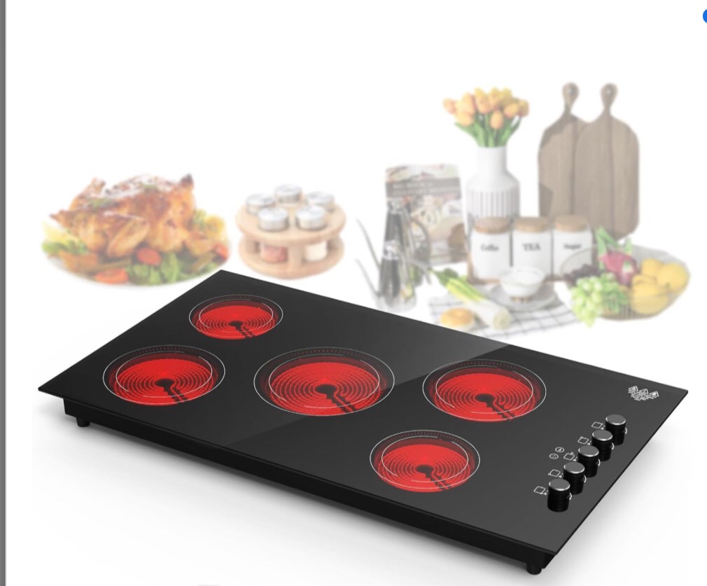 VBGK Electric Cooktop 36 Inch,Built-in Electric Stove Burner Ceramic Stove 5 Burners, 8000W Power Control by Knob, Radiant Electric Stove top with 9 Power... 