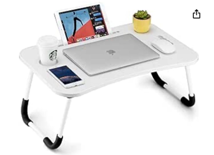 Foldable Laptop Table, Portable Lap Desk Bed Table Tray, Laptop Stand with Cup Holder & Tablet Slot & Lifting Handle for Working Writing Drawing & Eating (White)