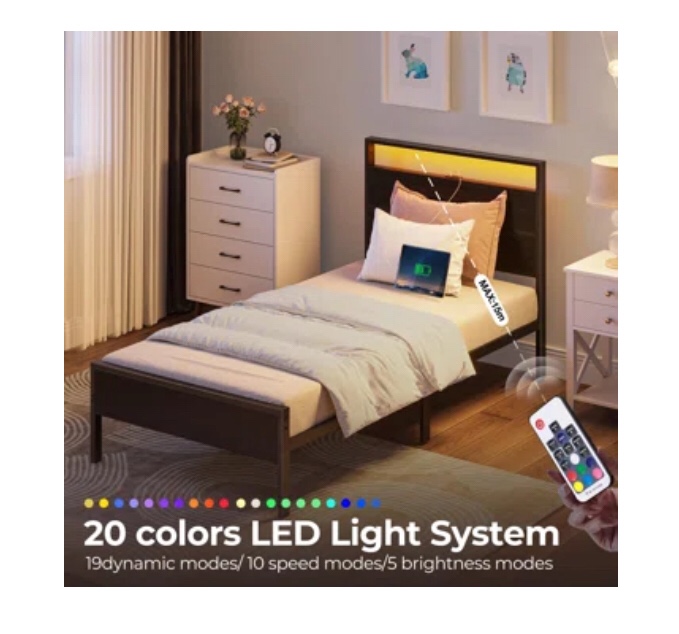 Deviana Metal Bed Frame with Headboard & Footboard and Charging Station, LED Light Included