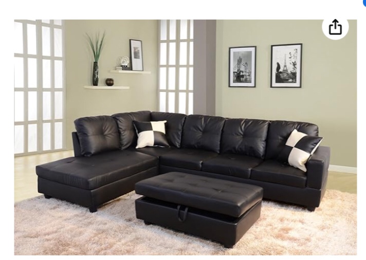 Life Style Furniture Left Facing Russes Sectional Sofa Set With Ottoman, Black