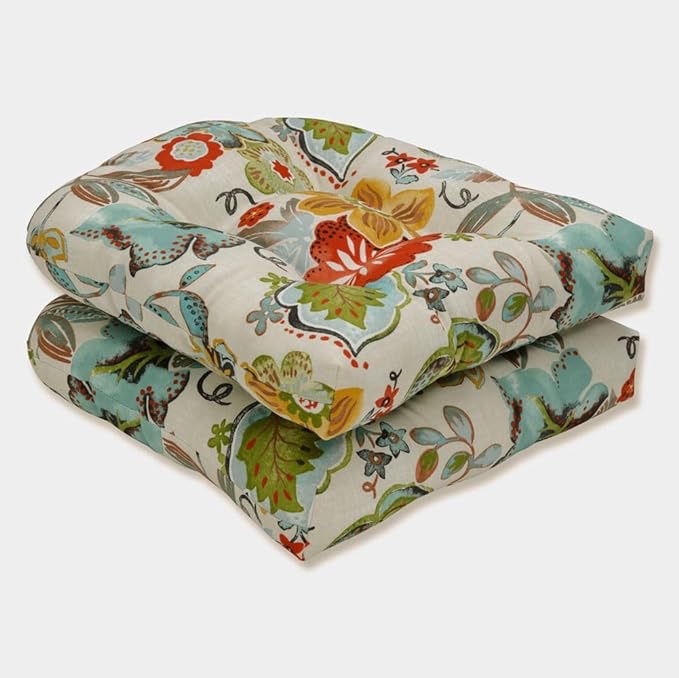 Pillow Perfect Bright Floral Indoor/Outdoor Chair Seat Cushion, Tufted, Weather, and Fade Resistant, 19" x 19", Tan Fanfare, 2 Count