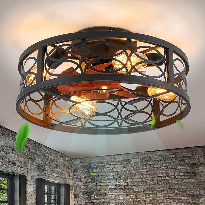 20" Caged Ceiling Fan With Light And Remote?åBladeless Ceiling Fan 6 Speed Reversible With 5 Bulbs and Remote Control.Low Profile Ceiling Fan With Lights for Bedroom, Dining Room