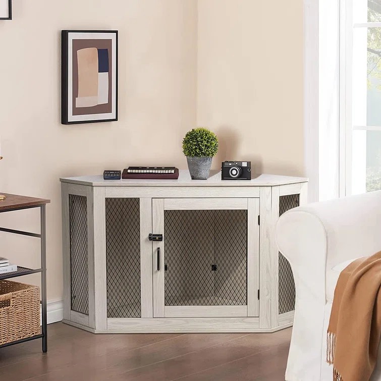 Bromborough Corner Dog Crate Furniture, Wooden Dog Kennel End Table With Mesh, Decorative Pet Crate Dog House For Large/Medium/Small Dog Indoor Use