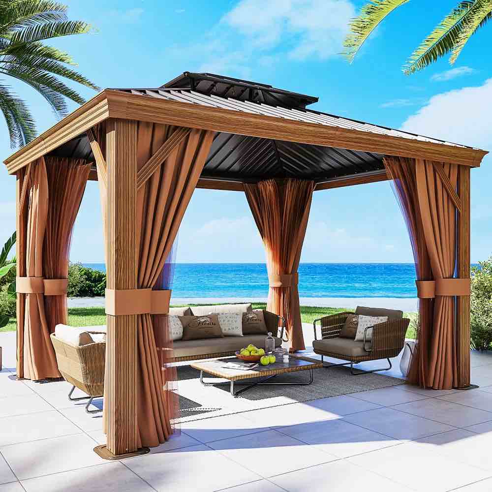 wood color gazebo with mosquito netting and side walls
