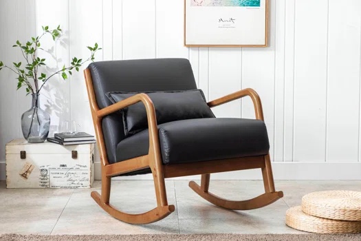 Corrigan Studio® Juni Rocking Accent Chair With Pillow, Pu Upholstery, Rubberwood Legs