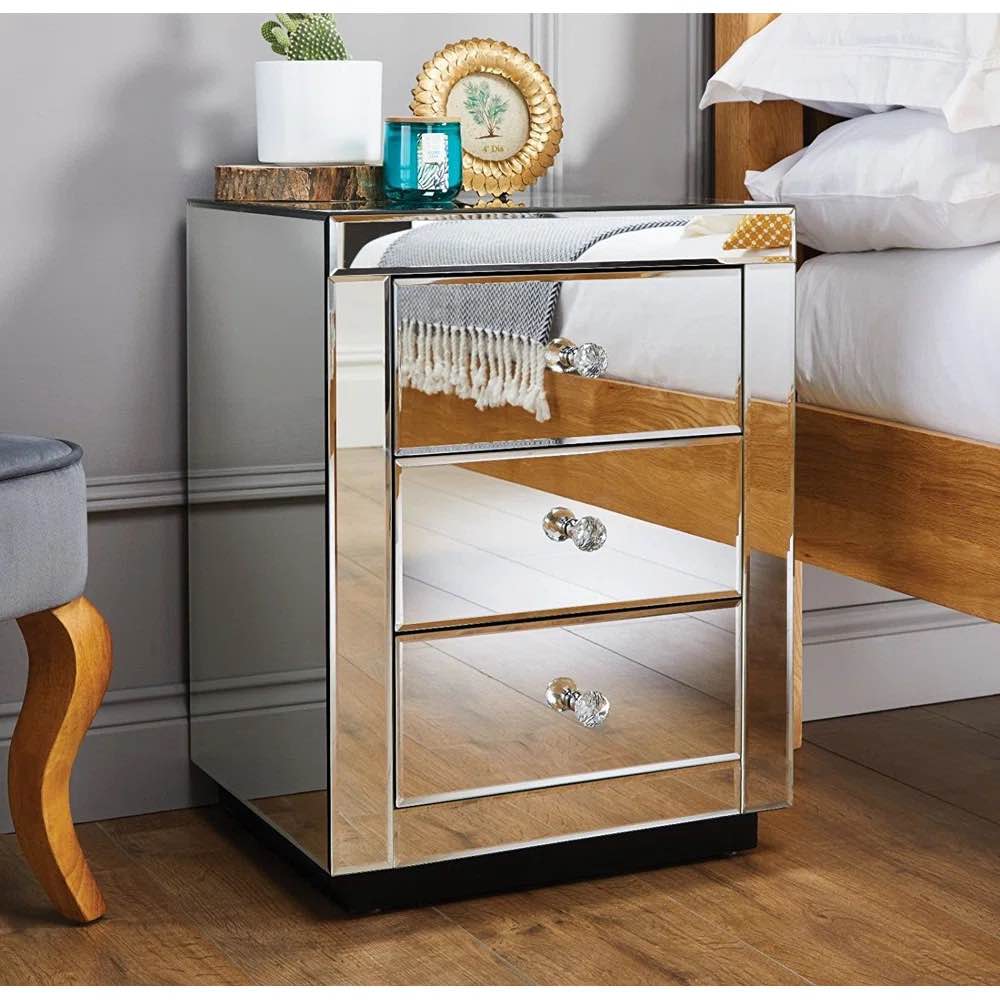 Yerington Mirrored 3 Drawer Nightstand Modern Design Bedside Table