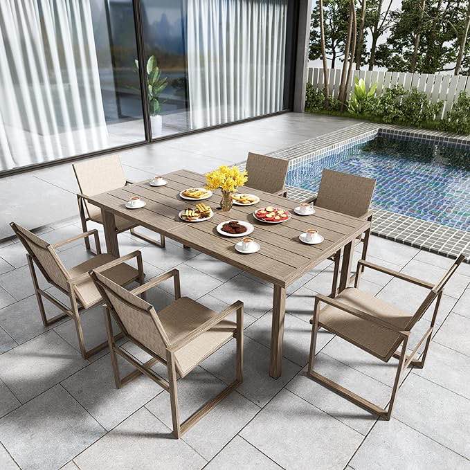 NATURAL EXPRESSIONS 7 Pieces Patio Dining Set Outdoor Furniture,70’’ Dining Table and 6 Sling Chairs with 1.65'' Umbrella Hole for Backyard Garden Poolside Porch(incomplete pieces;one box)