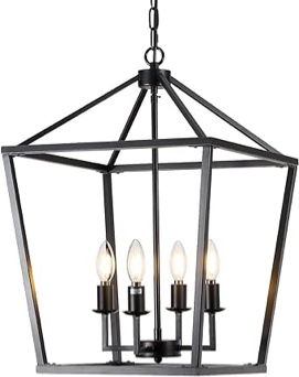 Black Farmhouse Pendant Lighting, 4 Light Black Cage Farmhouse Chandelier Metal Hanging Farmhouse Light Fixtures for Kitchen Island, Dining Room, Entryway, Foyer, Hallway,15.75"Lx12"Wx15.35"H