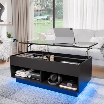 Bice Lift Top Coffee Table with RGB LED Light Strip, Hidden Compartment & Open Shelf