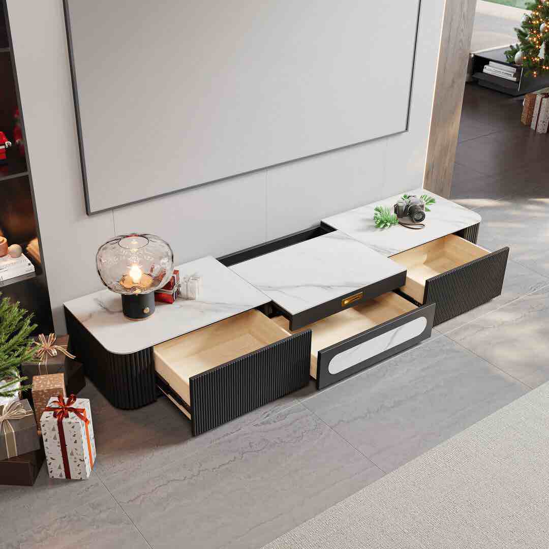 Demarre Modern TV Stand for Projector, Faux Marble Media Console with Drawers, Pre-assembly (incomplete 1 box only)