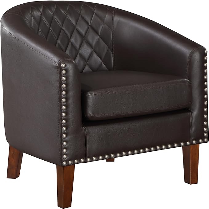 Prilinex Comfy Barrel Accent Chair - Faux Leather Living Room Chair Club Chair with Cushion, Diamond Grid Backrest & Nailhead Trim, Guest Chair for Office, Bedroom & Waiting Room, Brown
