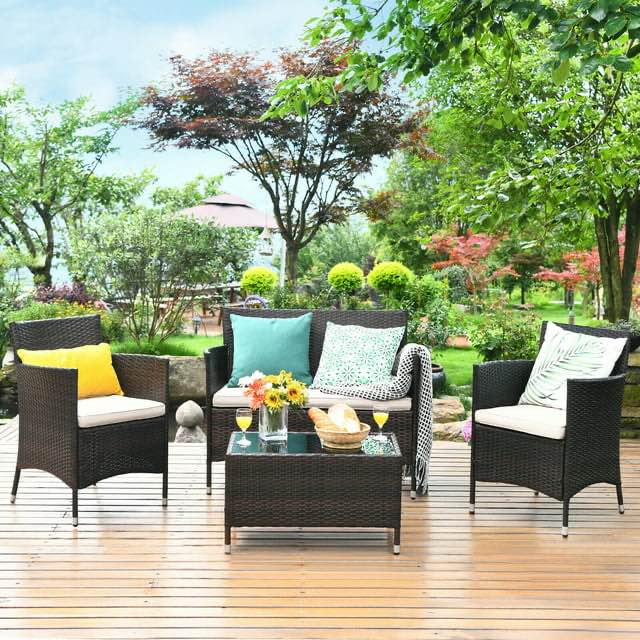  Costway 4PCS Outdoor Sunroom Rattan Patio Furniture Sofa Chair Set w/ Coffee Table and cushion White( incomplete)