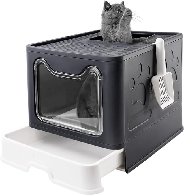 Bolux Foldable Cat Litter Box with Lid, Extra Large Litter Box with Cat Litter Scoop, Drawer Type Cat Litter Pan Easy to Scoop & Low Tracking ( Dark Grey, 20" L x 16" W x 15" H )